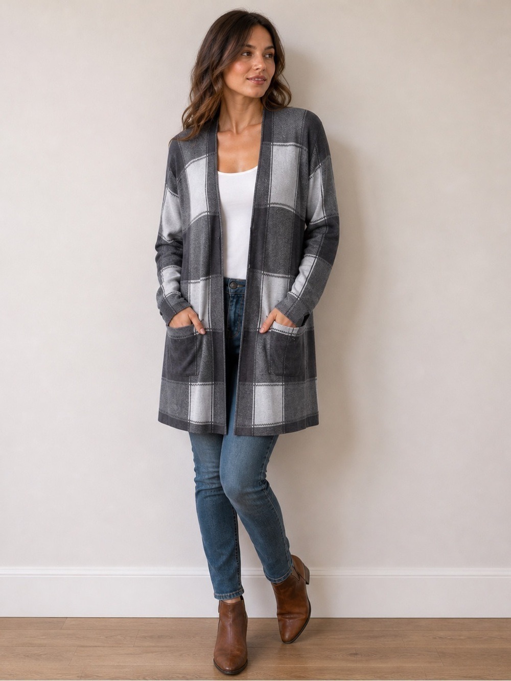 LONG duster long sweater Cardigan Robe plaid grey white pockets XL